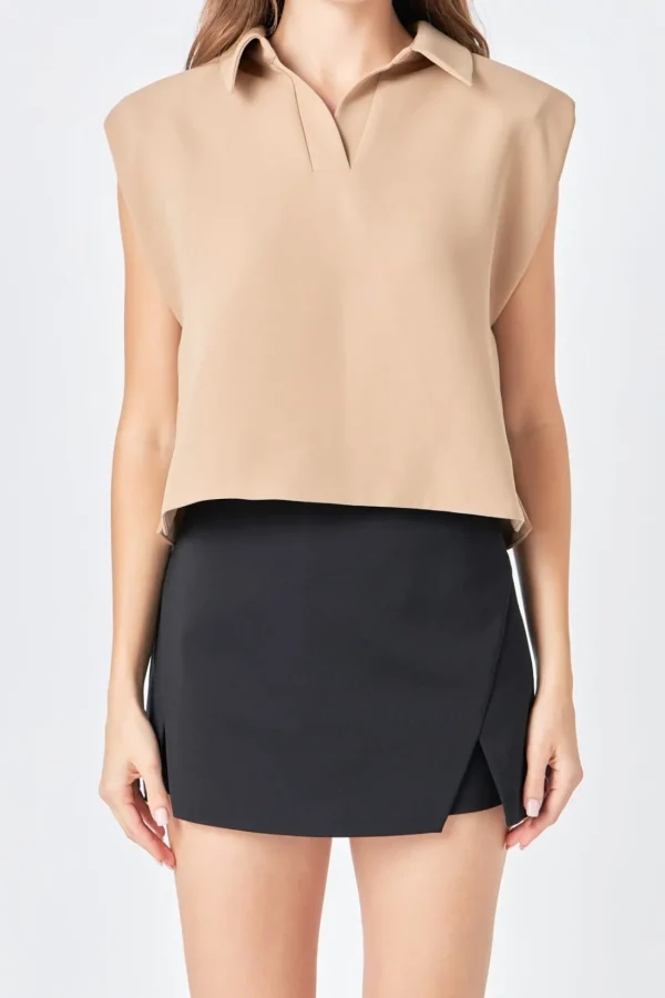 ENDLESS ROSE Tops*- Relaxed Collared Shirt BEIGE