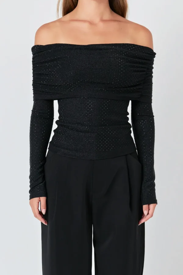 ENDLESS ROSE Tops*- Rhinestone Off Shoulder Top BLACK