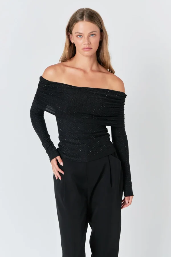 ENDLESS ROSE Tops*- Rhinestone Off Shoulder Top BLACK
