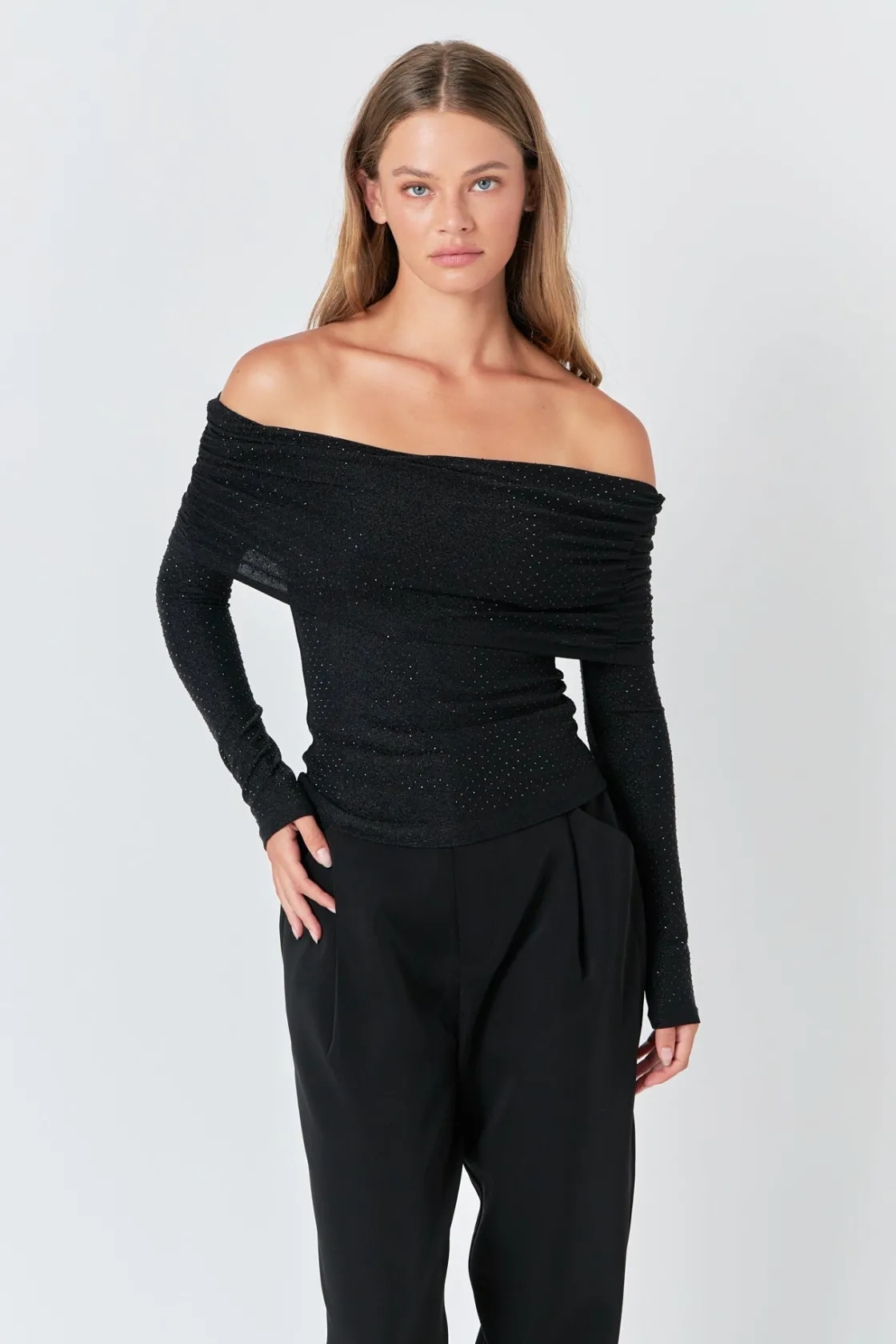 endless_rose__rhinestone__3.webp ENDLESS ROSE Tops*- Rhinestone Off Shoulder Top BLACK