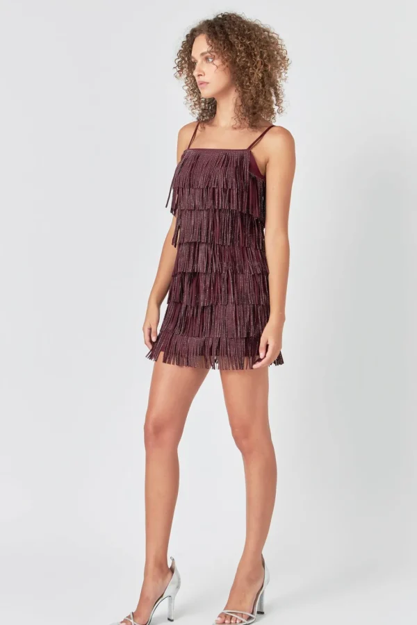 ENDLESS ROSE Little Black Dress | Tops*- Rhinestone Faux Suede Fringe Mini Dress