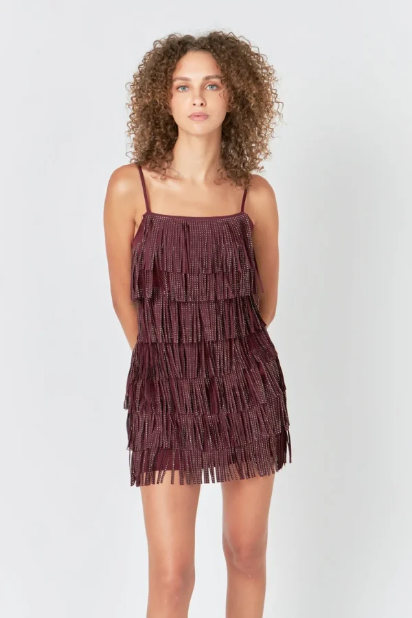 ENDLESS ROSE Little Black Dress | Tops*- Rhinestone Faux Suede Fringe Mini Dress