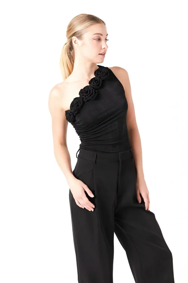 ENDLESS ROSE Tops*- Rosette One Shoulder Bodysuit BLACK