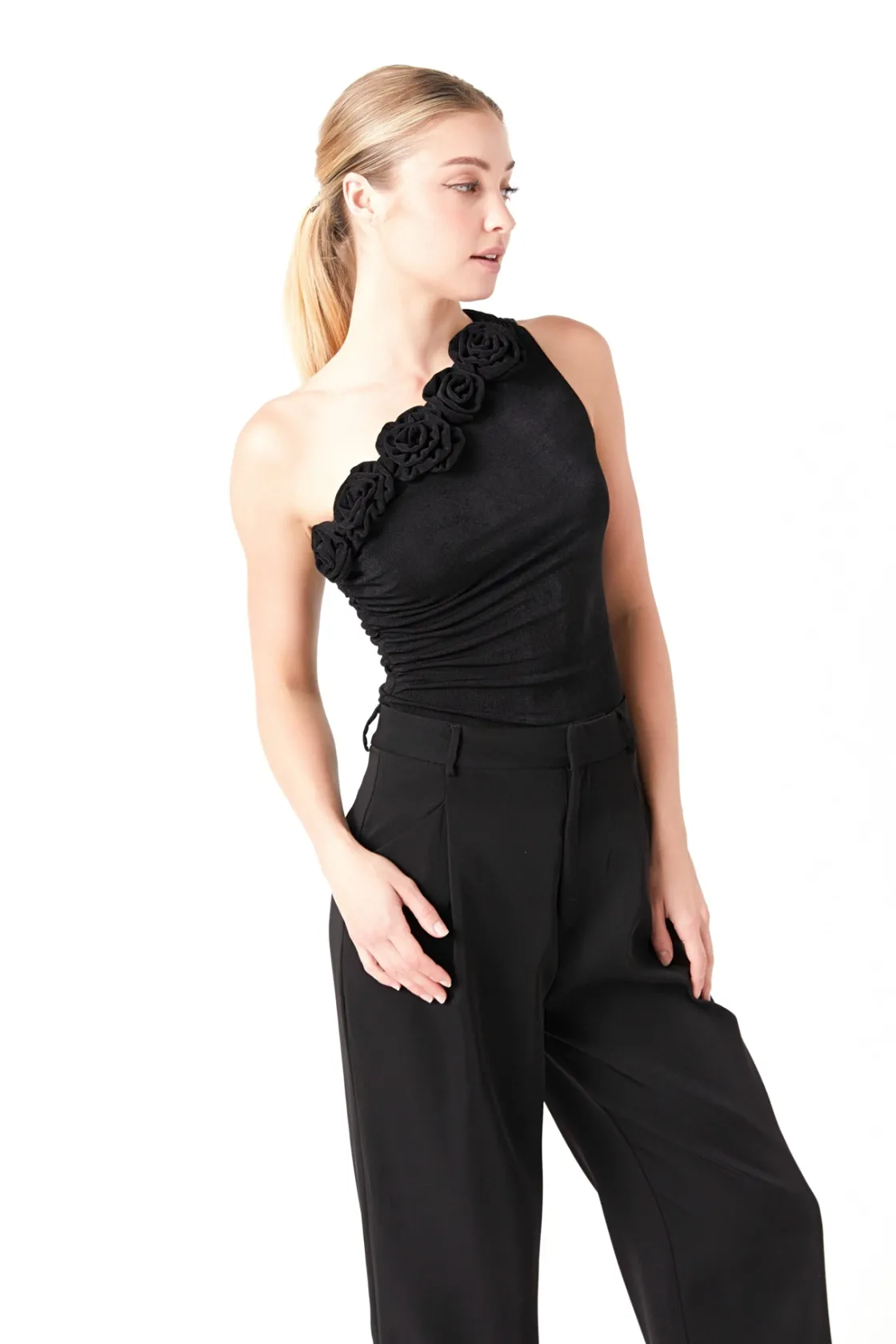 endless_rose__rosette_one_3.webp ENDLESS ROSE Tops*- Rosette One Shoulder Bodysuit BLACK