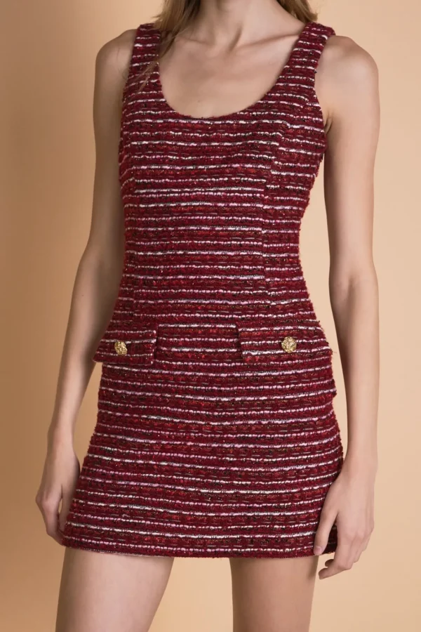 ENDLESS ROSE Tweed Dresses | Matching Sets*- Round Neck Tweed Mini Dress CRANBERRY
