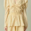 ENDLESS ROSE Tops*- Ruched Front Long Sleeve Floral Romper YELLOW