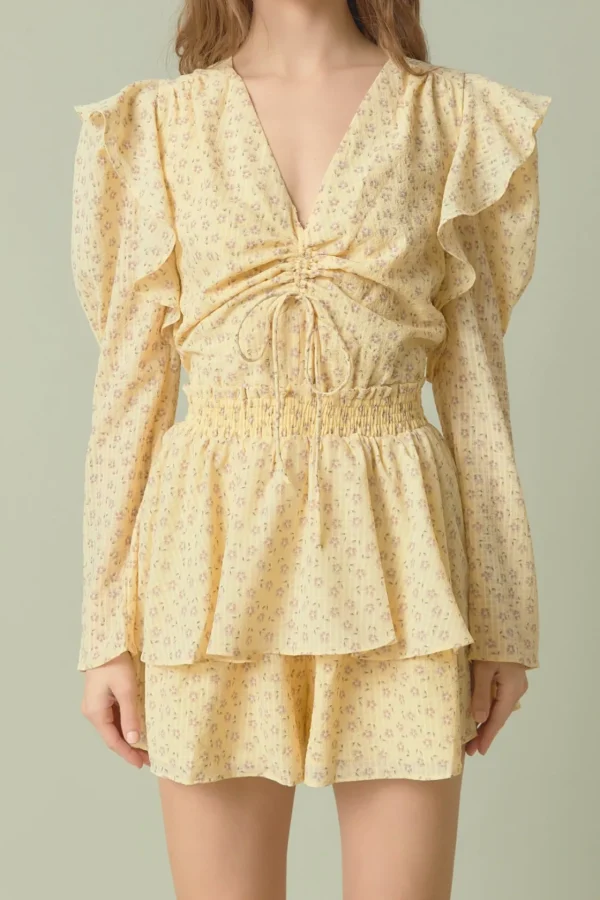 ENDLESS ROSE Tops*- Ruched Front Long Sleeve Floral Romper YELLOW