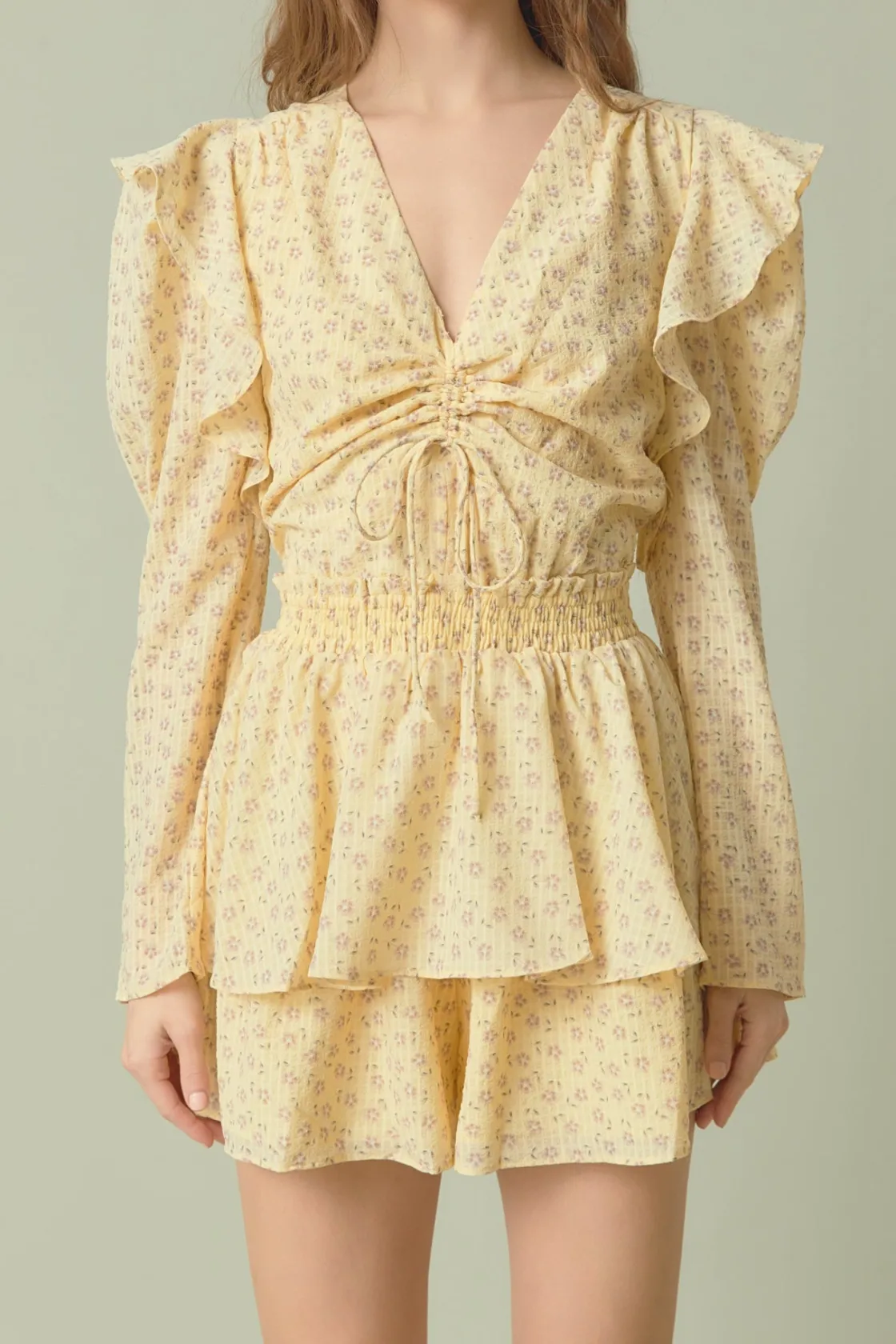 endless_rose__ruched_fron_0.webp ENDLESS ROSE Tops*- Ruched Front Long Sleeve Floral Romper YELLOW