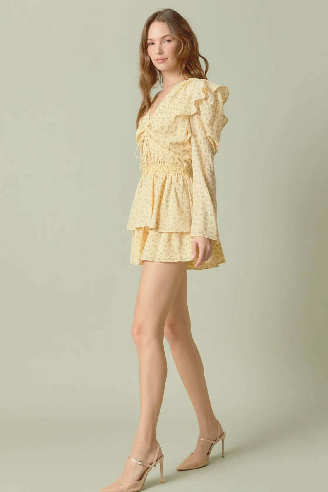 endless_rose__ruched_fron_1.webp ENDLESS ROSE Tops*- Ruched Front Long Sleeve Floral Romper YELLOW