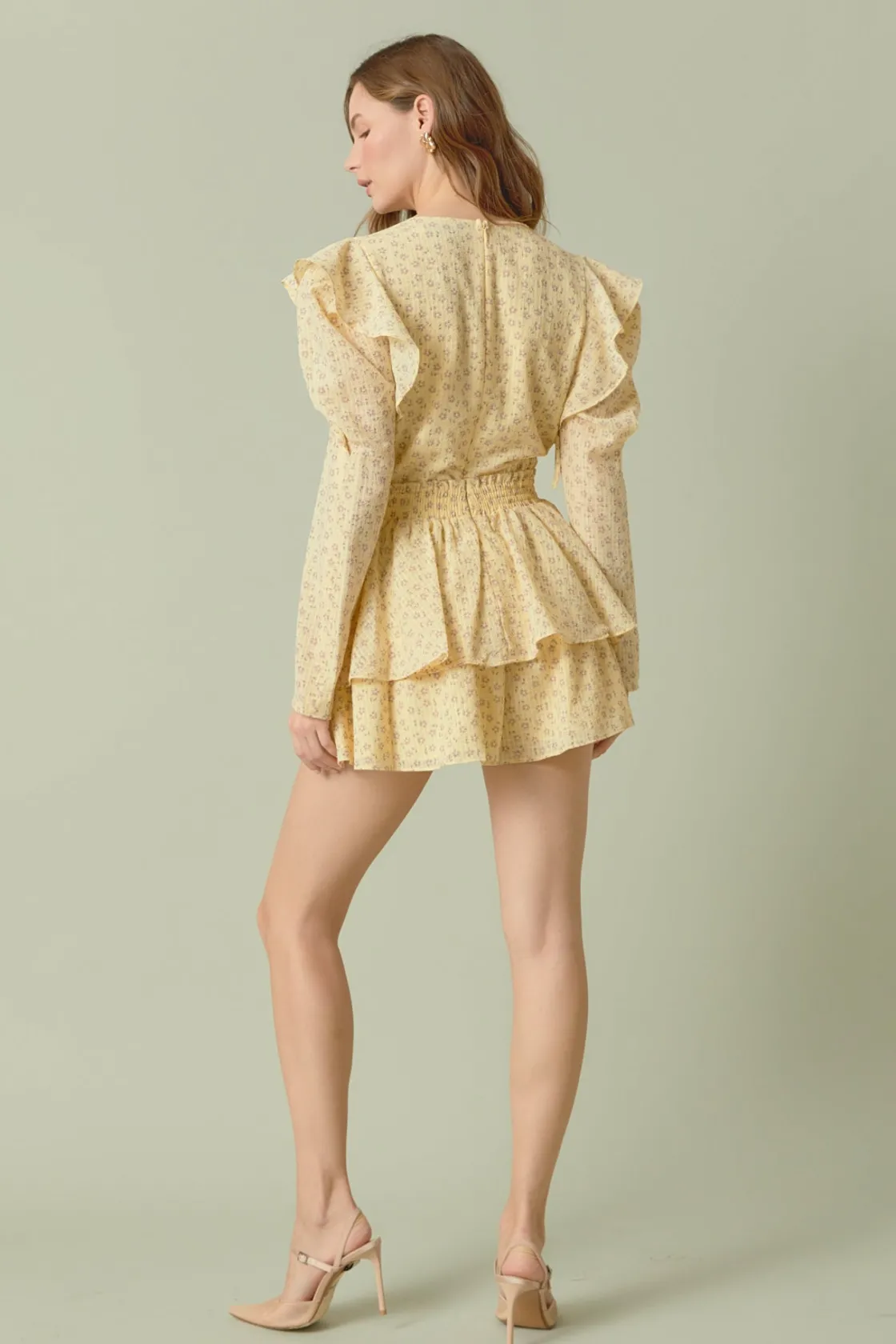 endless_rose__ruched_fron_2.webp ENDLESS ROSE Tops*- Ruched Front Long Sleeve Floral Romper YELLOW