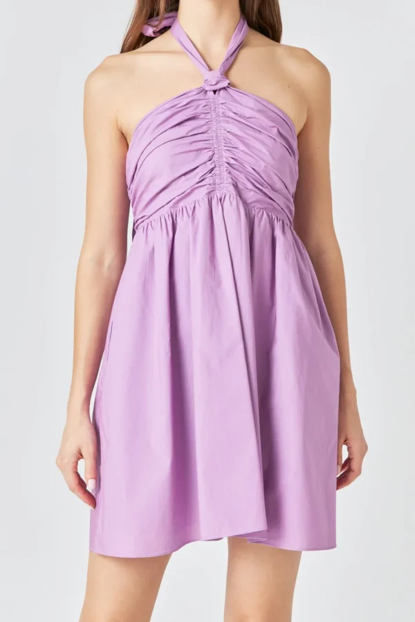 ENDLESS ROSE Tops*- Ruched Halter Neck Flounce Dress GRAPE