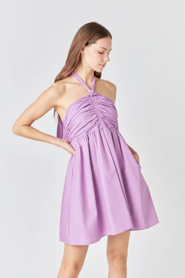 ENDLESS ROSE Tops*- Ruched Halter Neck Flounce Dress GRAPE