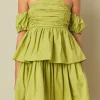 ENDLESS ROSE Tops*- Ruched Off The Shoulder Mini Dress PISTACHIO