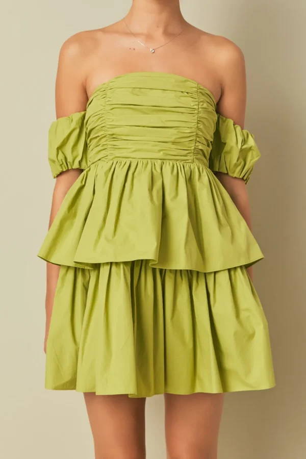 ENDLESS ROSE Tops*- Ruched Off The Shoulder Mini Dress PISTACHIO