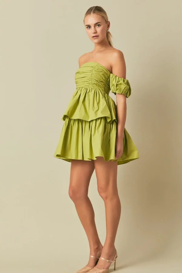 ENDLESS ROSE Tops*- Ruched Off The Shoulder Mini Dress PISTACHIO