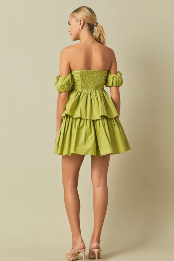ENDLESS ROSE Tops*- Ruched Off The Shoulder Mini Dress PISTACHIO
