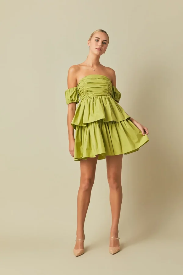 ENDLESS ROSE Tops*- Ruched Off The Shoulder Mini Dress PISTACHIO