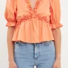 ENDLESS ROSE Shirts & Blouses | Tops*- Ruffle Detail Top with Puff Sleeves TANGERINE