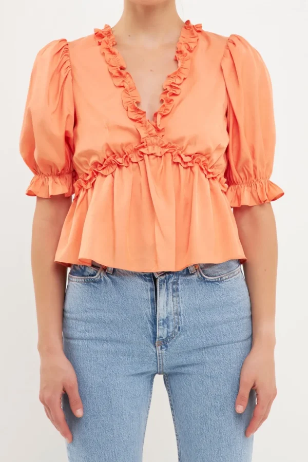 ENDLESS ROSE Shirts & Blouses | Tops*- Ruffle Detail Top with Puff Sleeves TANGERINE