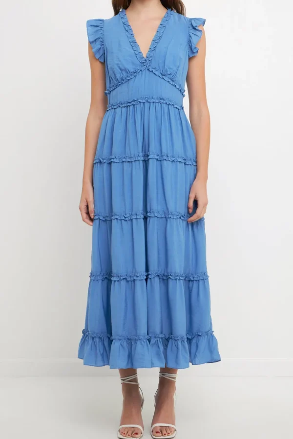ENDLESS ROSE Tops*- Ruffle Detail Tiered Long Dress BLUE