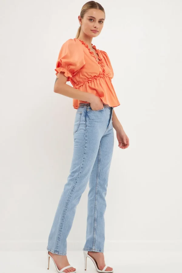 ENDLESS ROSE Shirts & Blouses | Tops*- Ruffle Detail Top with Puff Sleeves TANGERINE