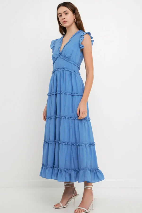 ENDLESS ROSE Tops*- Ruffle Detail Tiered Long Dress BLUE
