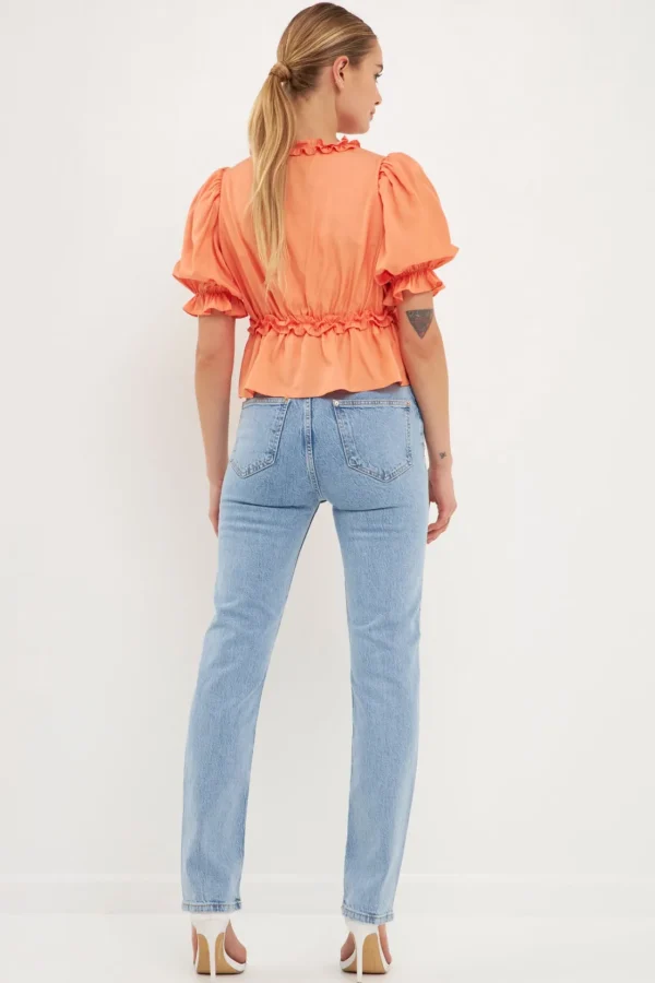 ENDLESS ROSE Shirts & Blouses | Tops*- Ruffle Detail Top with Puff Sleeves TANGERINE