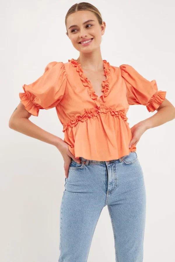 ENDLESS ROSE Shirts & Blouses | Tops*- Ruffle Detail Top with Puff Sleeves TANGERINE