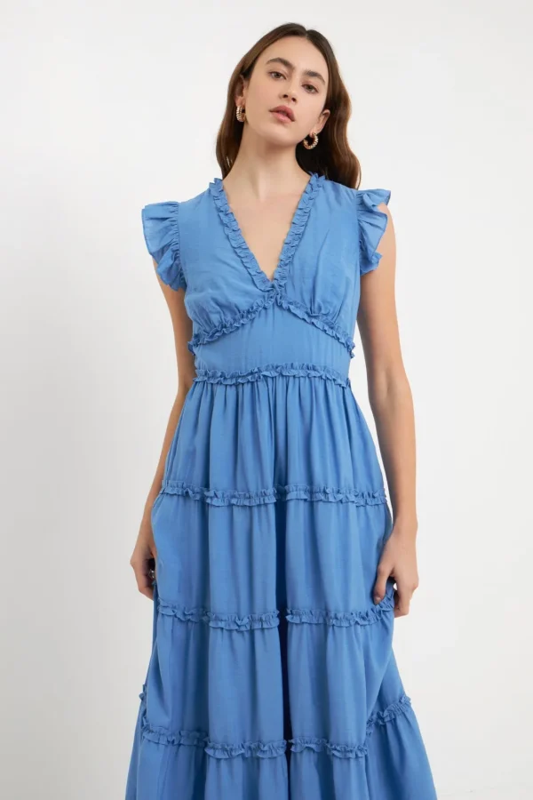 ENDLESS ROSE Tops*- Ruffle Detail Tiered Long Dress BLUE