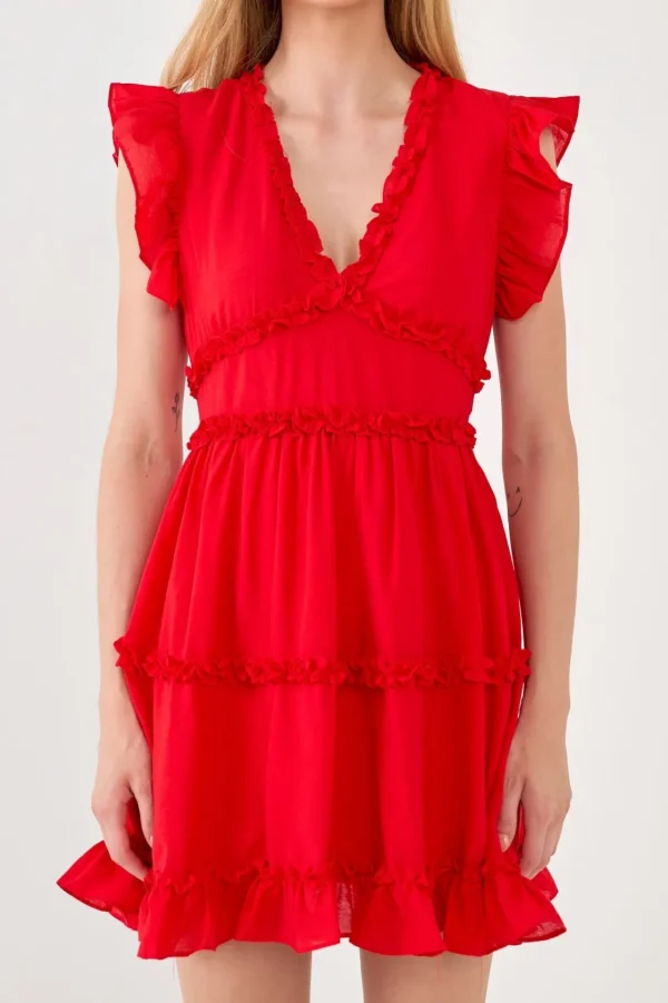ENDLESS ROSE Tops*- Ruffle Sleeve Mini Dress RED