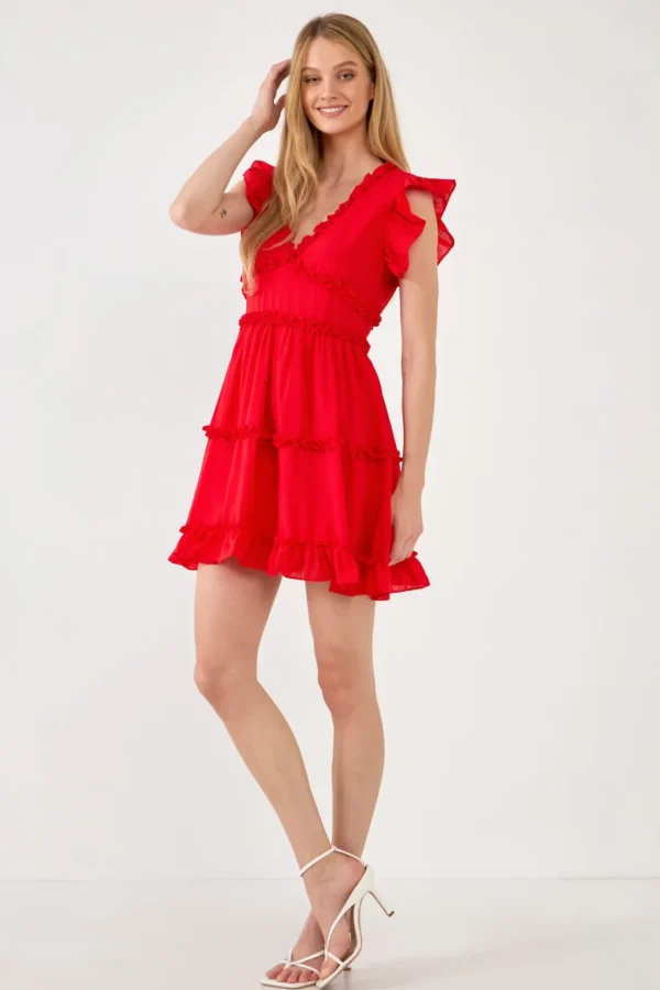 ENDLESS ROSE Tops*- Ruffle Sleeve Mini Dress RED