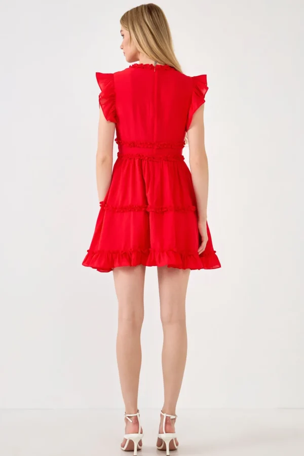 ENDLESS ROSE Tops*- Ruffle Sleeve Mini Dress RED