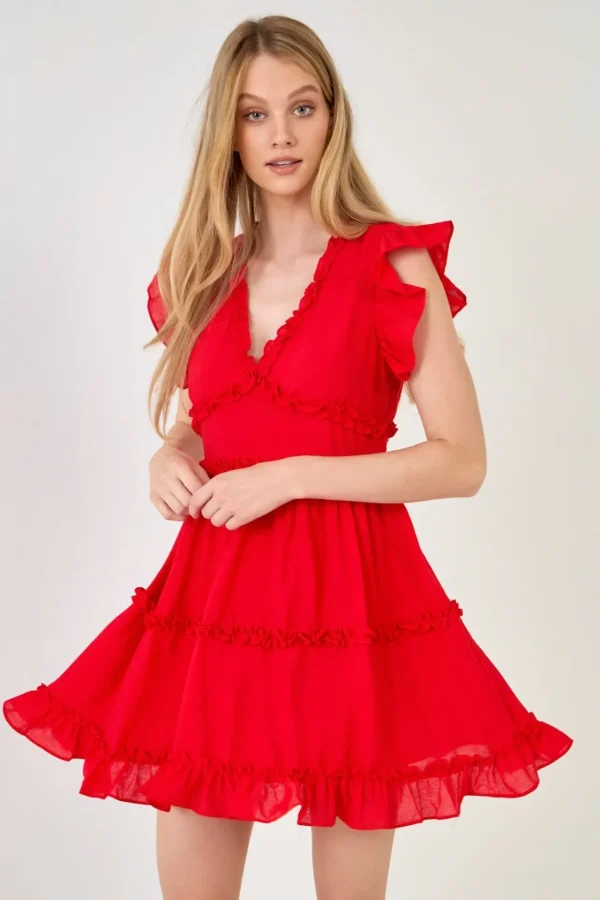 ENDLESS ROSE Tops*- Ruffle Sleeve Mini Dress RED