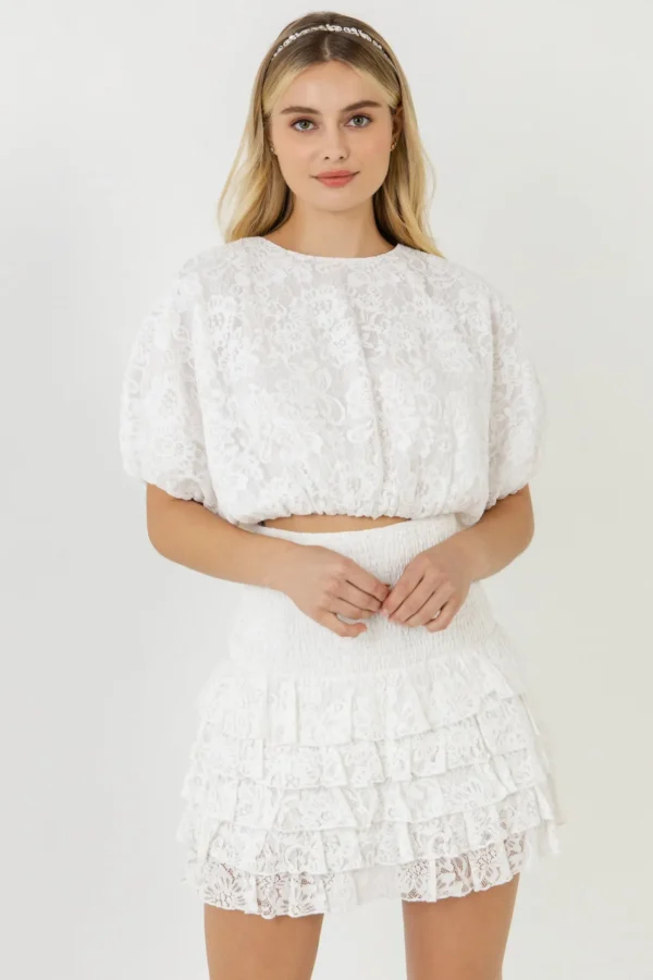 ENDLESS ROSE Skirts | Tops*- Ruffled Lace Mini Smocked Skirt WHITE