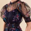 ENDLESS ROSE Puff Sleeve | Organza*- Ruffled Mesh Mini Dress NAVY