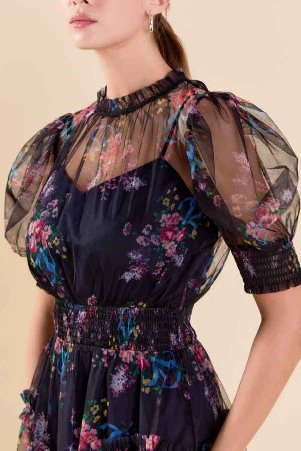 ENDLESS ROSE Puff Sleeve | Organza*- Ruffled Mesh Mini Dress NAVY