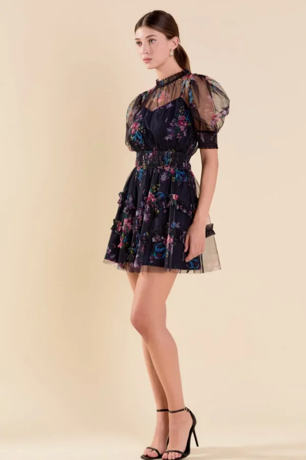 ENDLESS ROSE Puff Sleeve | Organza*- Ruffled Mesh Mini Dress NAVY