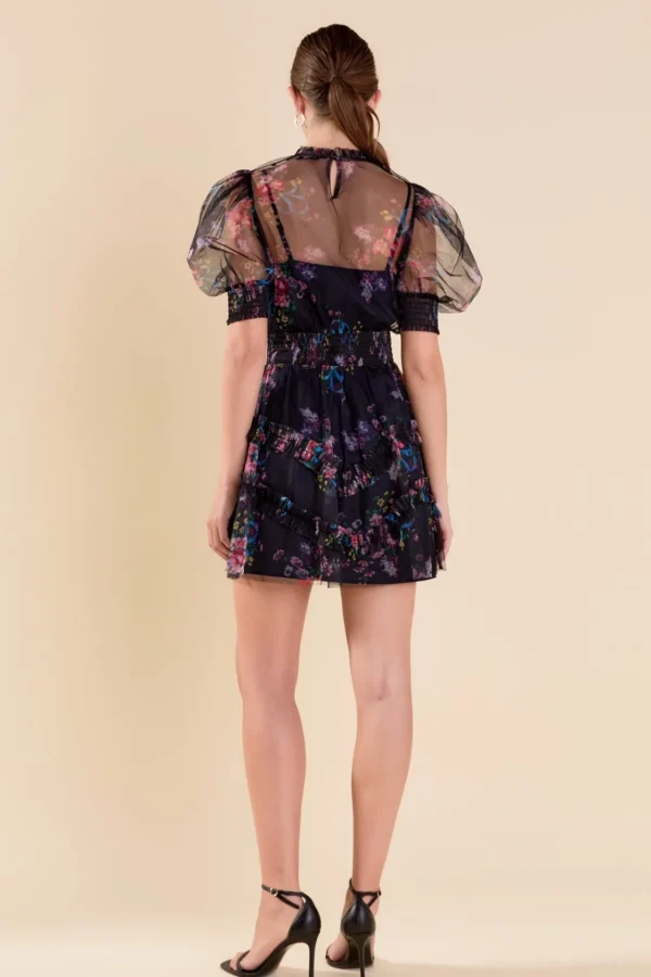 ENDLESS ROSE Puff Sleeve | Organza*- Ruffled Mesh Mini Dress NAVY