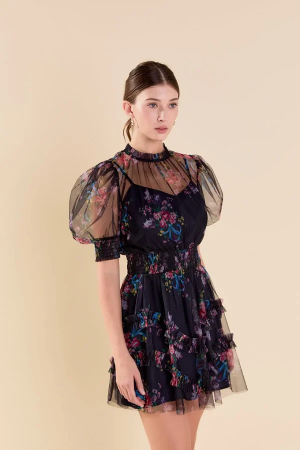 ENDLESS ROSE Puff Sleeve | Organza*- Ruffled Mesh Mini Dress NAVY