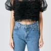 ENDLESS ROSE Tops*- Ruffled Puff Sleeve Tulle Top BLACK