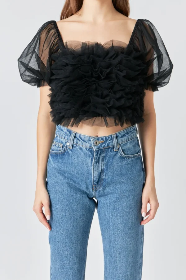 ENDLESS ROSE Tops*- Ruffled Puff Sleeve Tulle Top BLACK