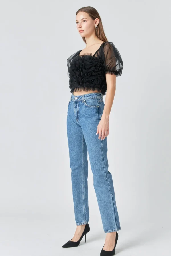ENDLESS ROSE Tops*- Ruffled Puff Sleeve Tulle Top BLACK
