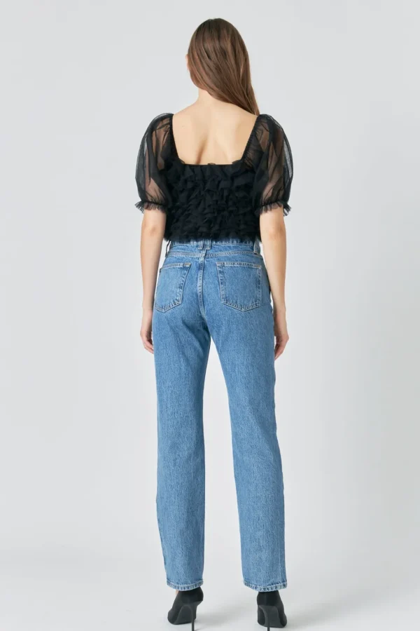ENDLESS ROSE Tops*- Ruffled Puff Sleeve Tulle Top BLACK