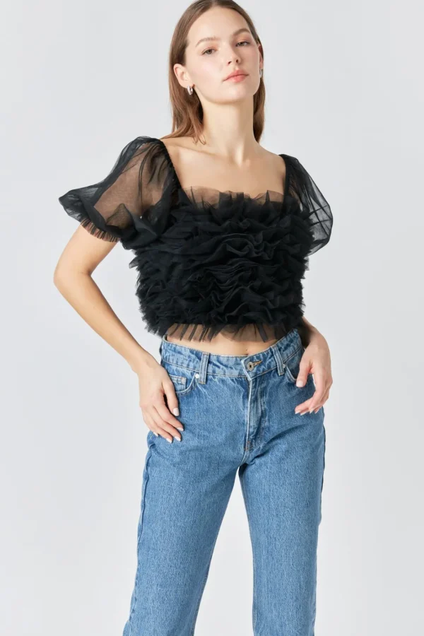ENDLESS ROSE Tops*- Ruffled Puff Sleeve Tulle Top BLACK