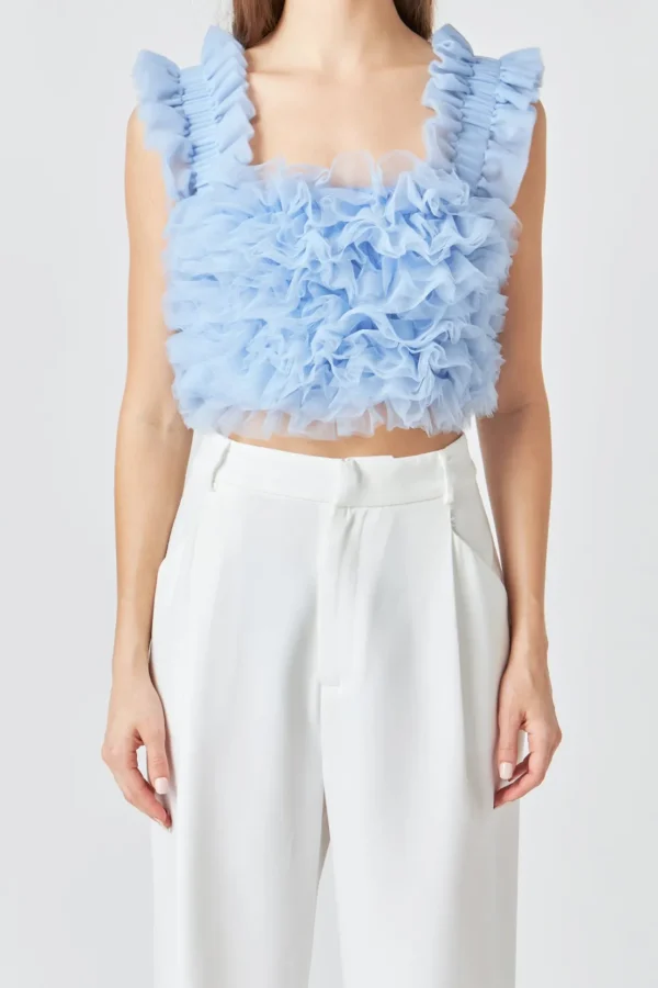 ENDLESS ROSE Tops*- Ruffled Shoulder Strap Tulle Top POWDERBLUE