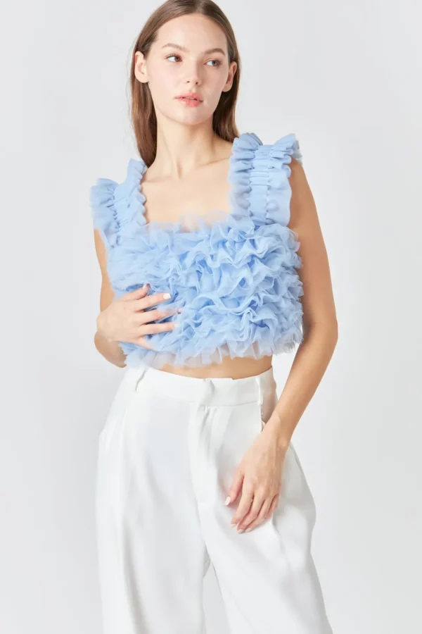 ENDLESS ROSE Tops*- Ruffled Shoulder Strap Tulle Top POWDERBLUE