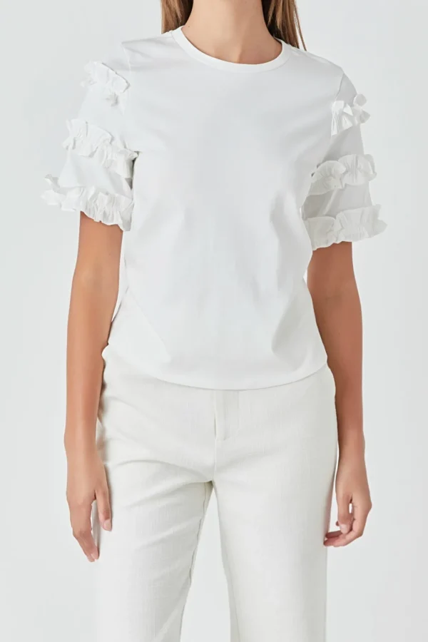 ENDLESS ROSE Tops*- Ruffled Sleeve T-Shirt WHITE