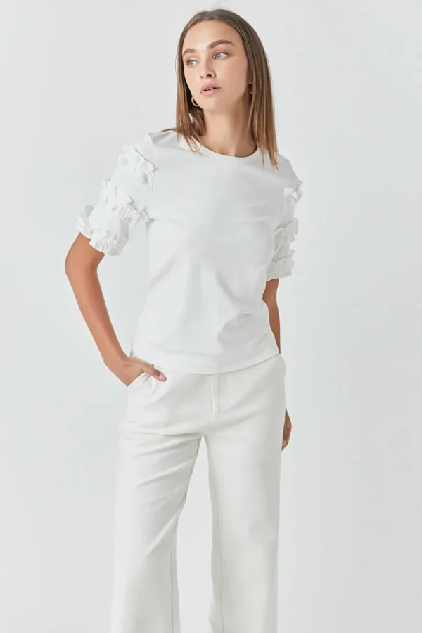 ENDLESS ROSE Tops*- Ruffled Sleeve T-Shirt WHITE