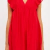 ENDLESS ROSE Tops*- Ruffled V Neck Mini Flounce Dress RED