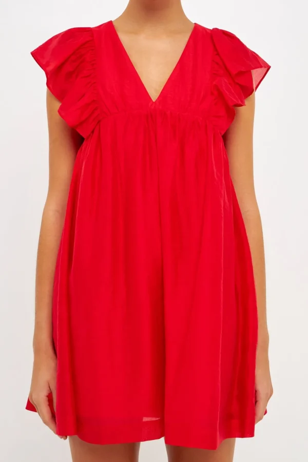 ENDLESS ROSE Tops*- Ruffled V Neck Mini Flounce Dress RED
